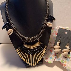 Necklace with Metal Gold Spikes and Shell Earrings